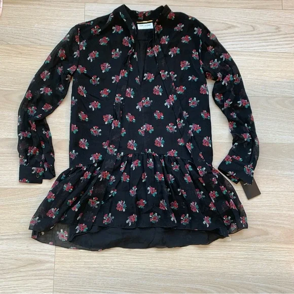 Saint Laurent Lavallière Floral Mini Dress Black NWT Size 38 - Picture 2 of 7